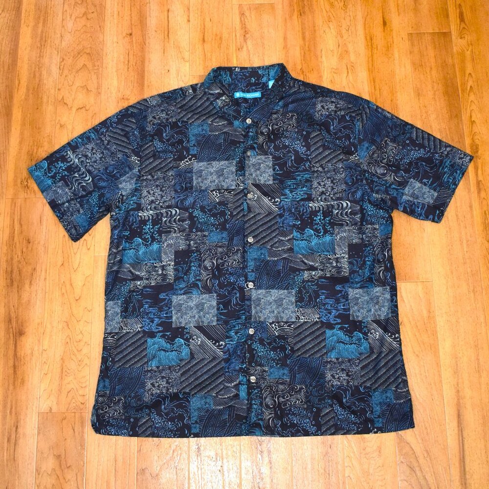 Tori Richard Men's Short Sleeve Blue‎ Wave Print Button Front Shirt 2XL
